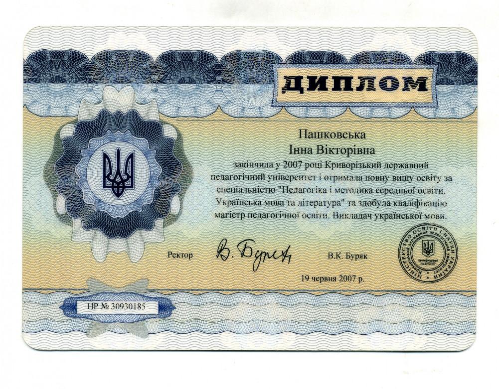 Пашковская Инна Викторовна - Диплом репетитора Пашковская Инна Викторовна - Диплом репетитора